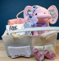 The Grand Welcome Set ultimate personalized luxury baby gift basket featuring custom birth stats plush elephant and newborn clothing by Ivory Heir.