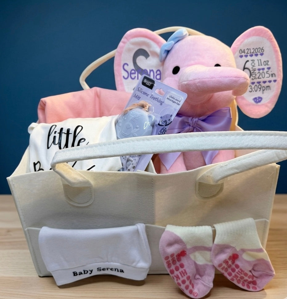The Grand Welcome Set ultimate personalized luxury baby gift basket featuring custom birth stats plush elephant and newborn clothing by Ivory Heir.