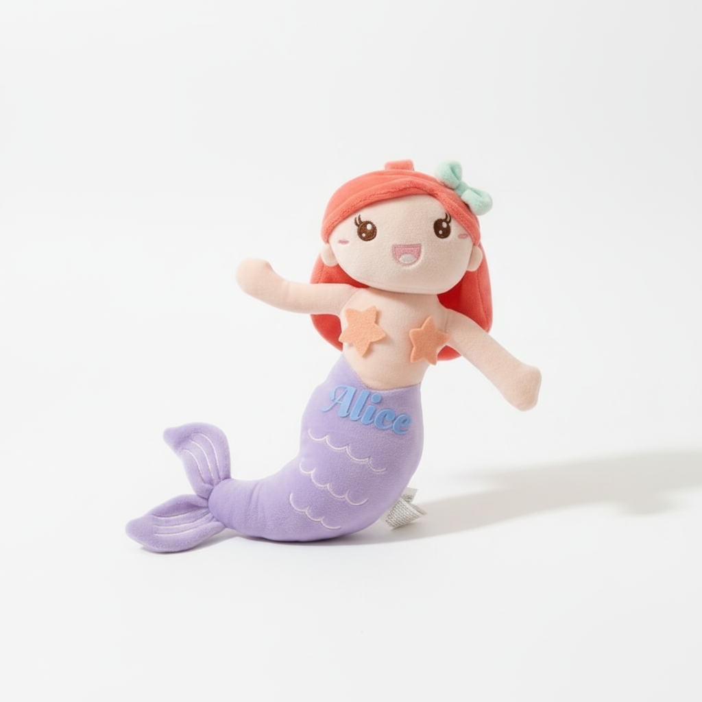 Personalized Mermaid Plush with custom name embroidery on the tail